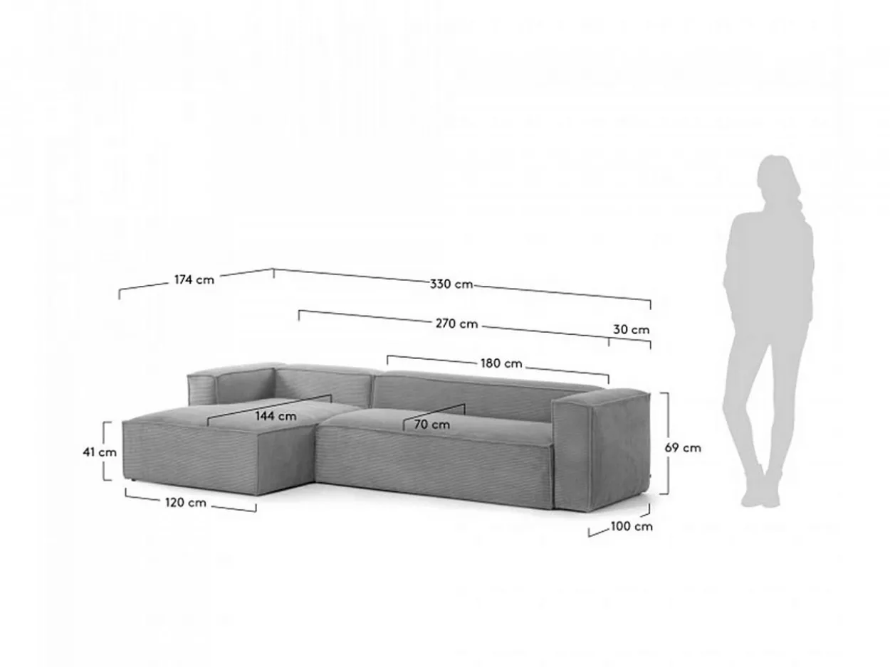 Divano 3 posti Domino chaise longue sinistra velluto a coste