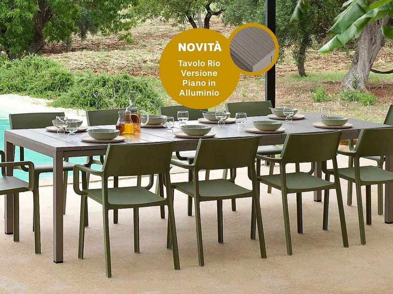 Set tavolo Rio 210/280 Alluminio con 8 sedie Trill con braccioli