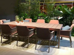 Set tavolo Rio 210/280 con 8 sedie Net Relax cuscini Shell