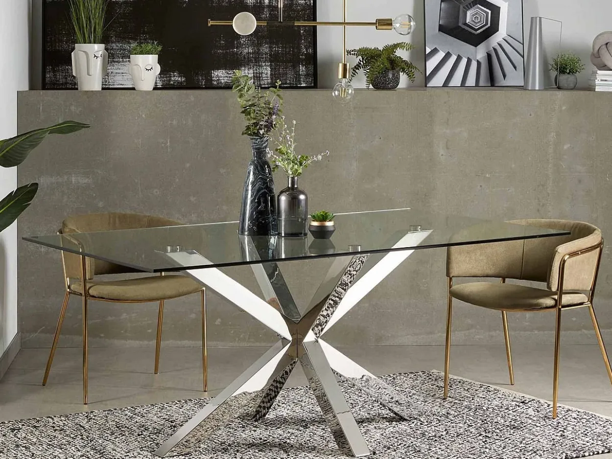 Tavolo Asterisco 160 inox e piano vetro